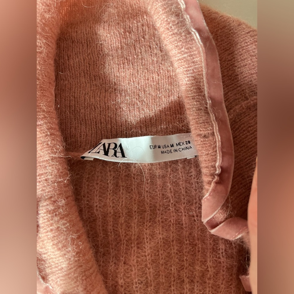 Zara Pink Alpaca Wool Knitted Cardigan Sweater with Velvet Trim Romantic size M - Picture 2 of 7